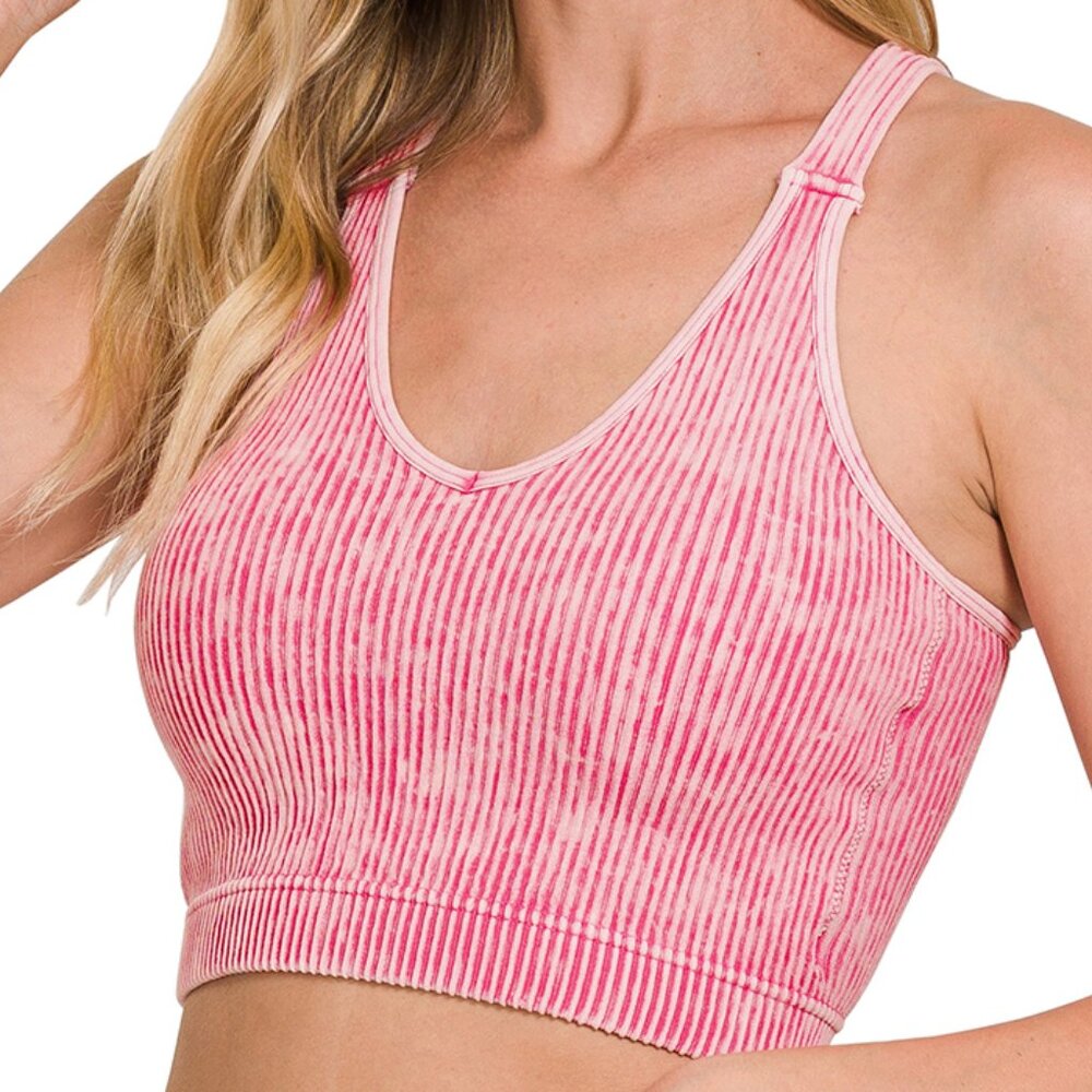 Washed Ribbed Cropped Seamless Bra Padded Tank Top Brami - Ash Pink